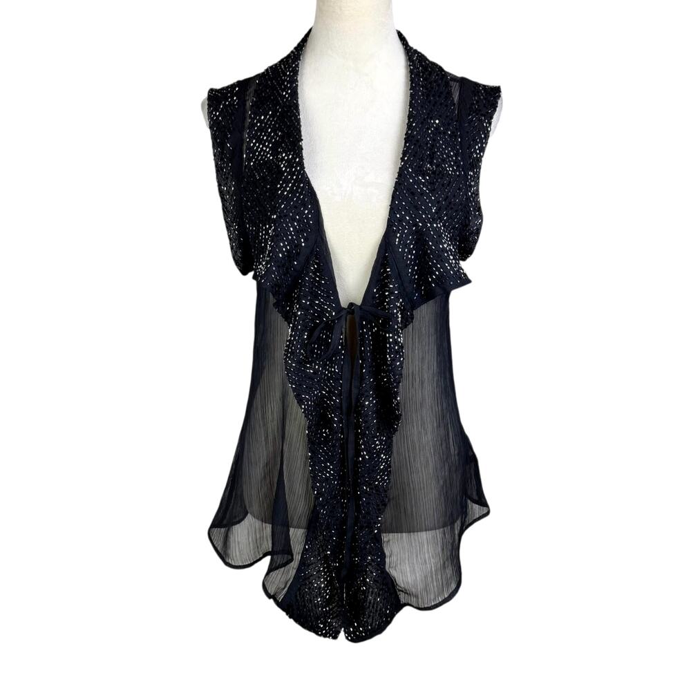 Anthropologie Castle Starr Sheer Black Beaded Collared Ruffle Tie Up Top